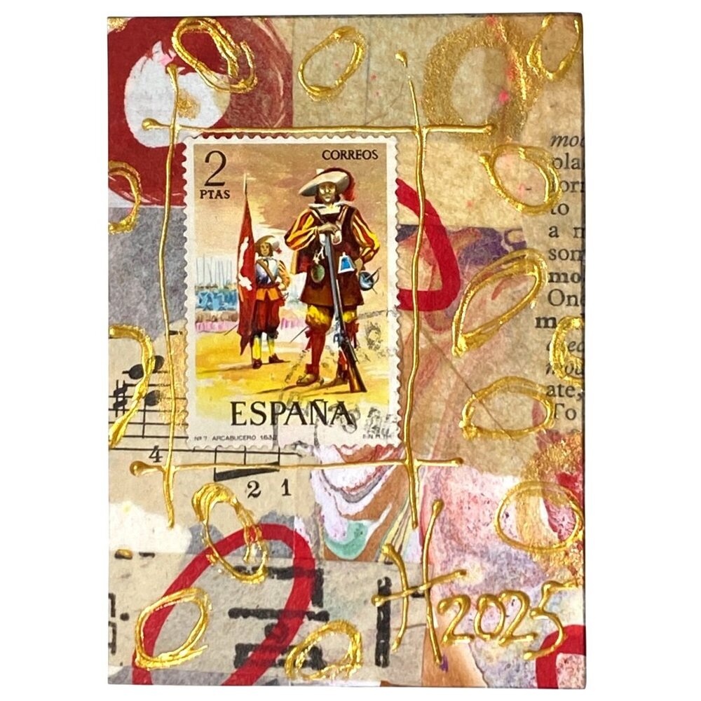ACEO Original Art Acrylic Collage 1974 Spain Military Uniform Postage Stamp ATC